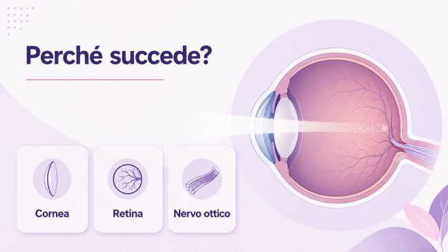 Sezione anatomica dell’occhio con fascio luminoso, cornea, retina e nervo ottico