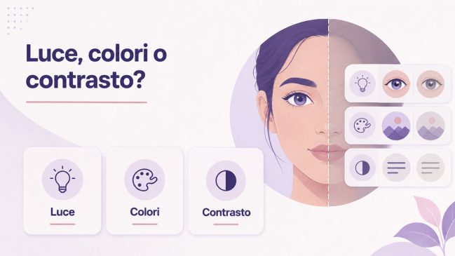 Volto diviso con confronti visivi di luminosità, colori e contrasto