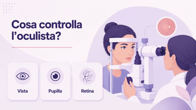 Oculista che esamina una paziente con lampada a fessura e schede su vista, pupilla e retina