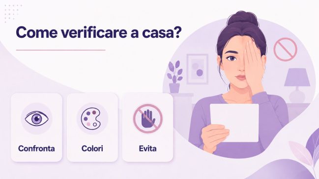 Donna che copre un occhio e osserva una scheda, con simboli di confronto, colori e divieto