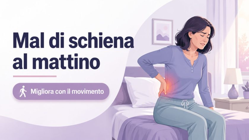 Illustrazione di una donna di circa 40 anni seduta sul letto al mattino con dolore alla parte bassa della schiena.