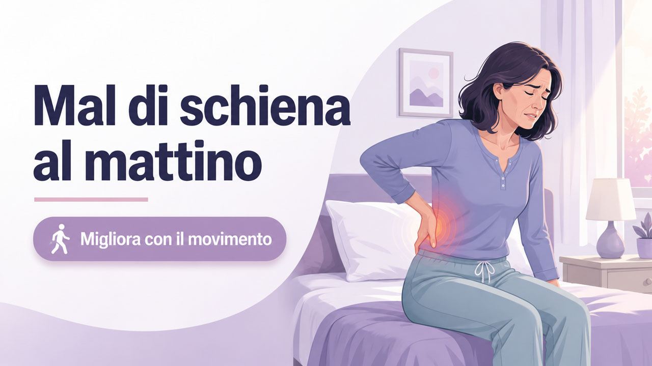 Illustrazione di una donna di circa 40 anni seduta sul letto al mattino con dolore alla parte bassa della schiena.