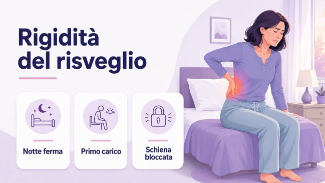 Donna seduta sul bordo del letto al mattino con una mano sulla zona lombare
