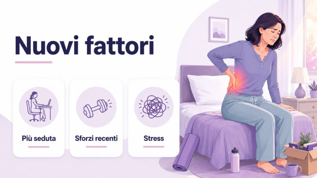 Donna seduta sul letto con dolore alla parte bassa della schiena