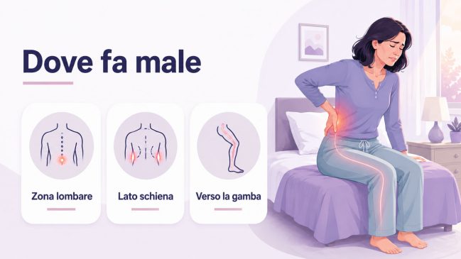 Donna seduta sul letto con dolore evidenziato alla zona lombare e alla gamba