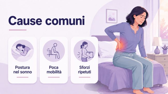 Donna seduta sul letto al mattino con una mano sulla zona lombare