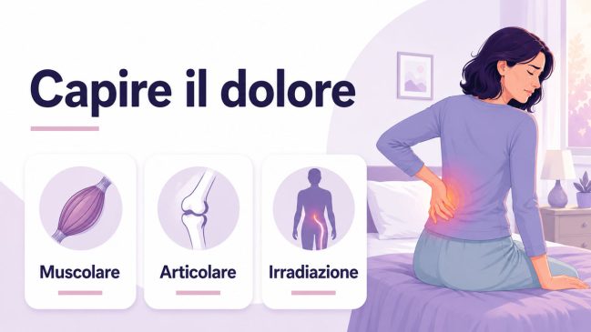Donna seduta sul letto vista di lato con una mano sulla zona lombare