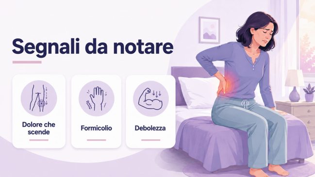 Donna seduta sul letto con una mano sulla zona lombare e dolore evidenziato