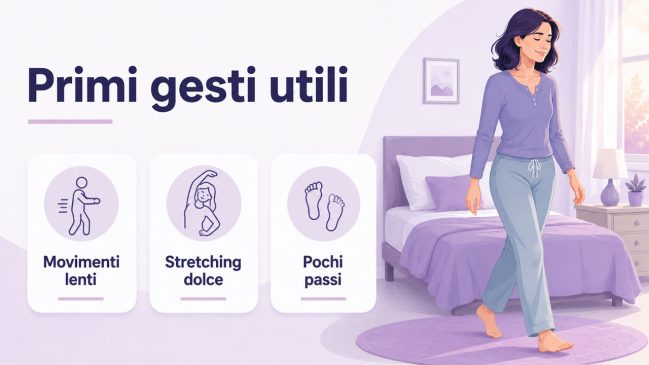 Donna che cammina lentamente in camera da letto al mattino