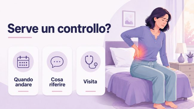 Donna seduta sul letto con dolore alla parte bassa della schiena