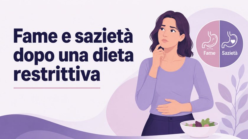 Donna illustrata pensierosa con una mano sul mento e una sull’addome, accanto a un piatto di insalata e a un’icona divisa tra fame e sazietà