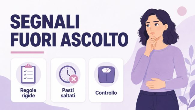 Donna illustrata pensierosa con tre carte su regole rigide, pasti saltati e controllo