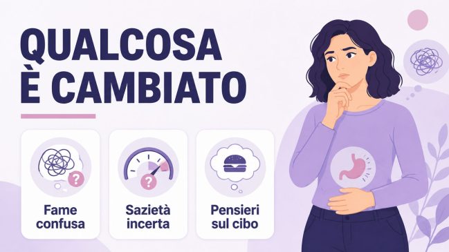 Donna illustrata pensierosa con icona dello stomaco e carte su fame confusa, sazietà incerta e pensieri sul cibo