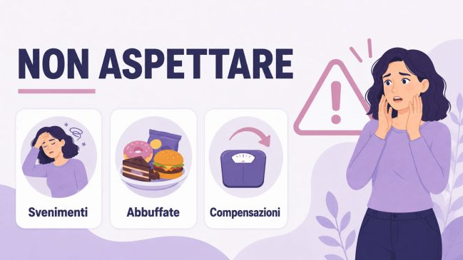 Donna illustrata preoccupata accanto a un grande simbolo di allarme e tre carte su svenimenti, abbuffate e compensazioni