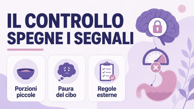 Cervello con lucchetto collegato a stomaco e indicatore, con tre carte su porzioni piccole, paura del cibo e regole esterne