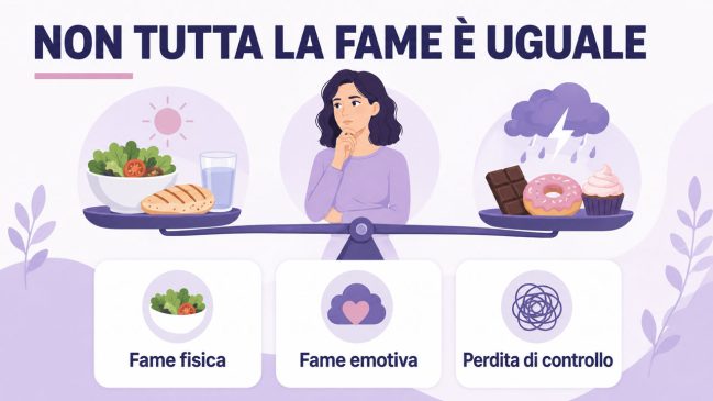 Donna illustrata al centro di una bilancia con cibo semplice, dolci e tre carte su fame fisica, fame emotiva e perdita di controllo