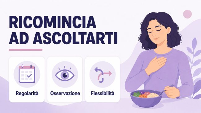 Donna illustrata serena con una mano sul petto davanti a una ciotola e tre carte su regolarità, osservazione e flessibilità