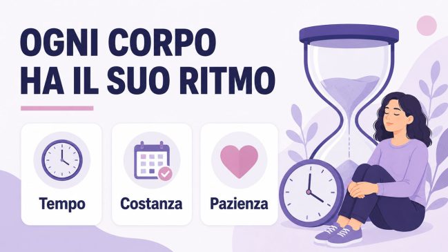 Donna illustrata seduta accanto a una grande clessidra e a un orologio, con tre carte su tempo, costanza e pazienza
