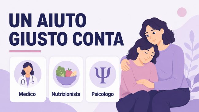 Due donne illustrate in un abbraccio di sostegno accanto a tre carte con medico, nutrizionista e psicologo