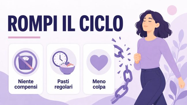 Donna illustrata che cammina accanto a una catena spezzata e tre carte su niente compensi, pasti regolari e meno colpa